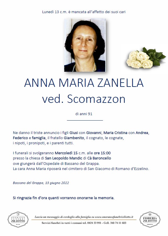 Anna Maria Zanella - Necrologi - Onoranze Funebri Ziliotto
